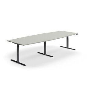 Výškovo nastaviteľný rokovací stôl QBUS, ovál, 3200x1200 mm, čierny rám, svetlošedá