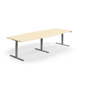 Výškovo nastaviteľný rokovací stôl QBUS, ovál, 3200x1200 mm, strieborný rám, breza