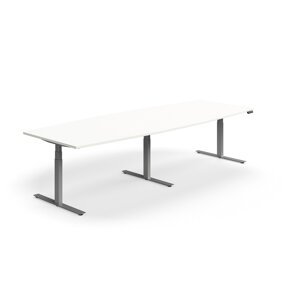 Výškovo nastaviteľný rokovací stôl QBUS, ovál, 3200x1200 mm, strieborný rám, biela