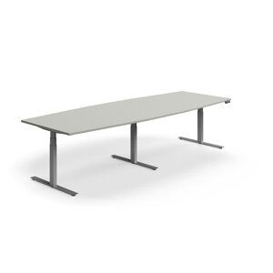 Výškovo nastaviteľný rokovací stôl QBUS, ovál, 3200x1200 mm, strieborný rám, svetlošedá