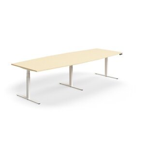Výškovo nastaviteľný rokovací stôl QBUS, ovál, 3200x1200 mm, biely rám, breza