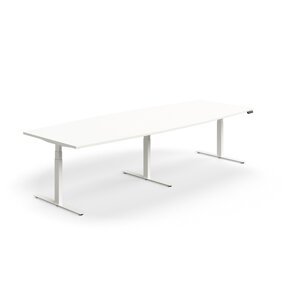 Výškovo nastaviteľný rokovací stôl QBUS, ovál, 3200x1200 mm, biely rám, biela