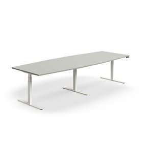 Výškovo nastaviteľný rokovací stôl QBUS, ovál, 3200x1200 mm, biely rám, svetlošedá