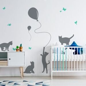 Nástenná samolepka - tieňové obrázky - mačky s balónmi farba mačky: sivá, farba doplnky: mätová