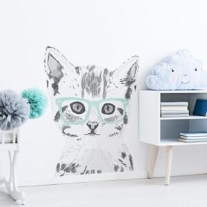 Samolepka na stenu - mačka s okuliarmi veľkosť: L, farba okuliarov: ružová