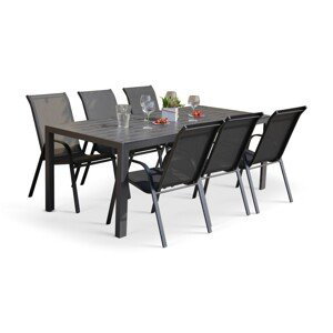 TEXIM VIKING XL - záhradný jedálenský stôl + 6x stolička RAMADA, hliník + umelé drevo / oceľ + textil