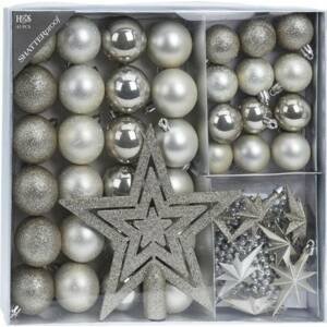 Kinekus Strieborné vianočné gule, girlanda, hviezdy + špic, plastová, sada 45 ks, biela-strieborná