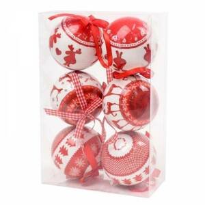 Kinekus Červeno - biela vianočná guľa, plastová, 8 cm, sada 6 ks